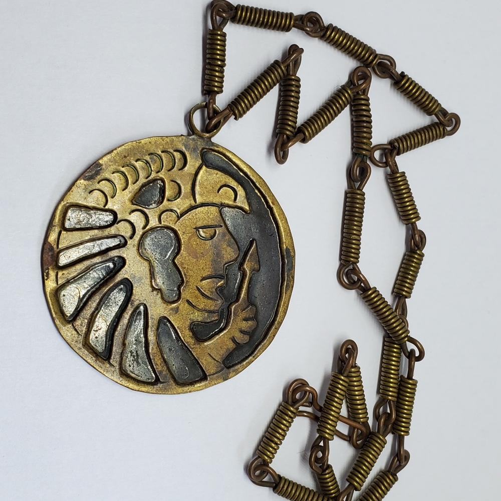 SOLD Vintage Mexican Copper Brass Aztec Necklace - Picture 2 of 7